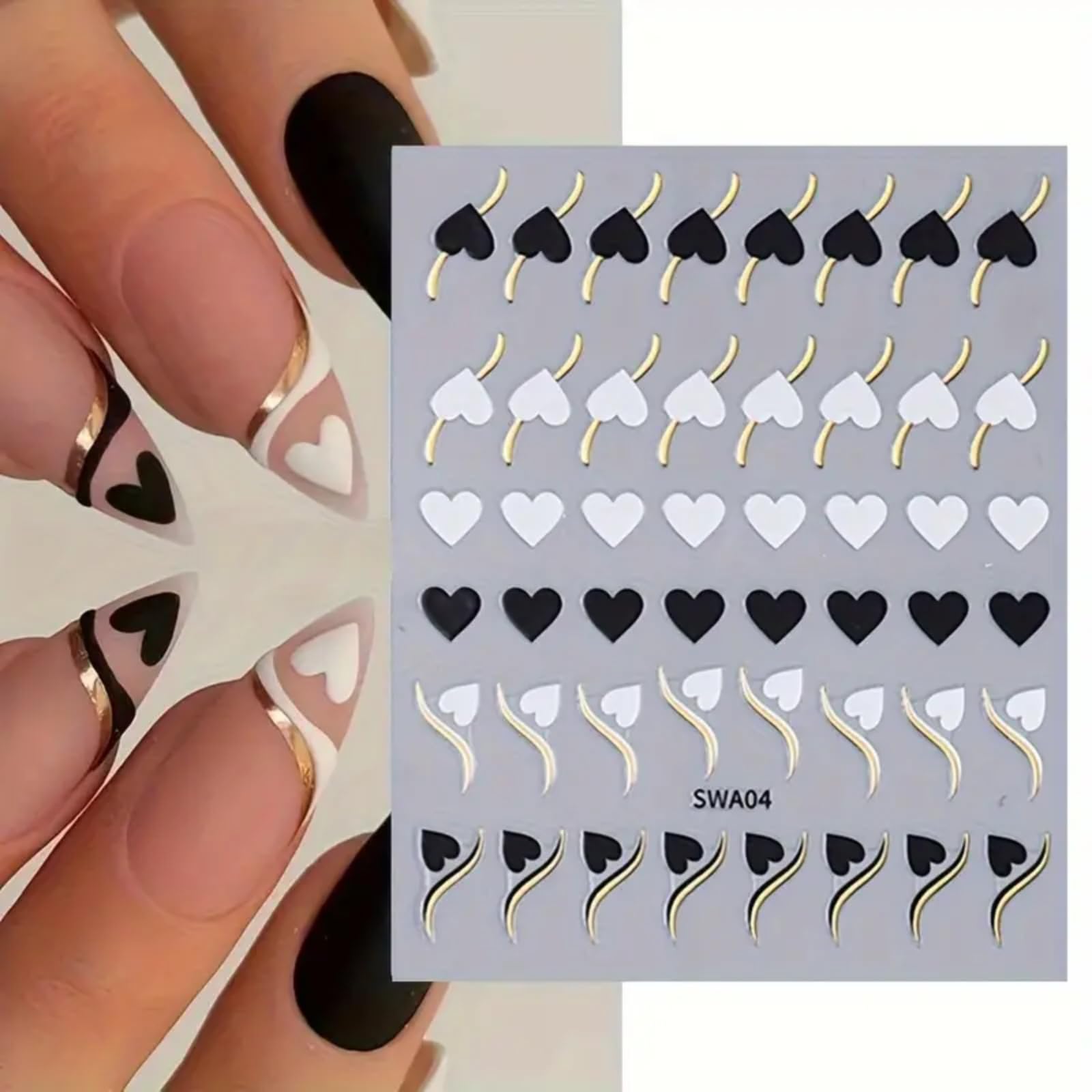 6 Sheets Valentines Day Nail Art Stickers 3D Self-Adhesive Heart Nail Stickers White Black Pink Red Hearts French Nail Design Na