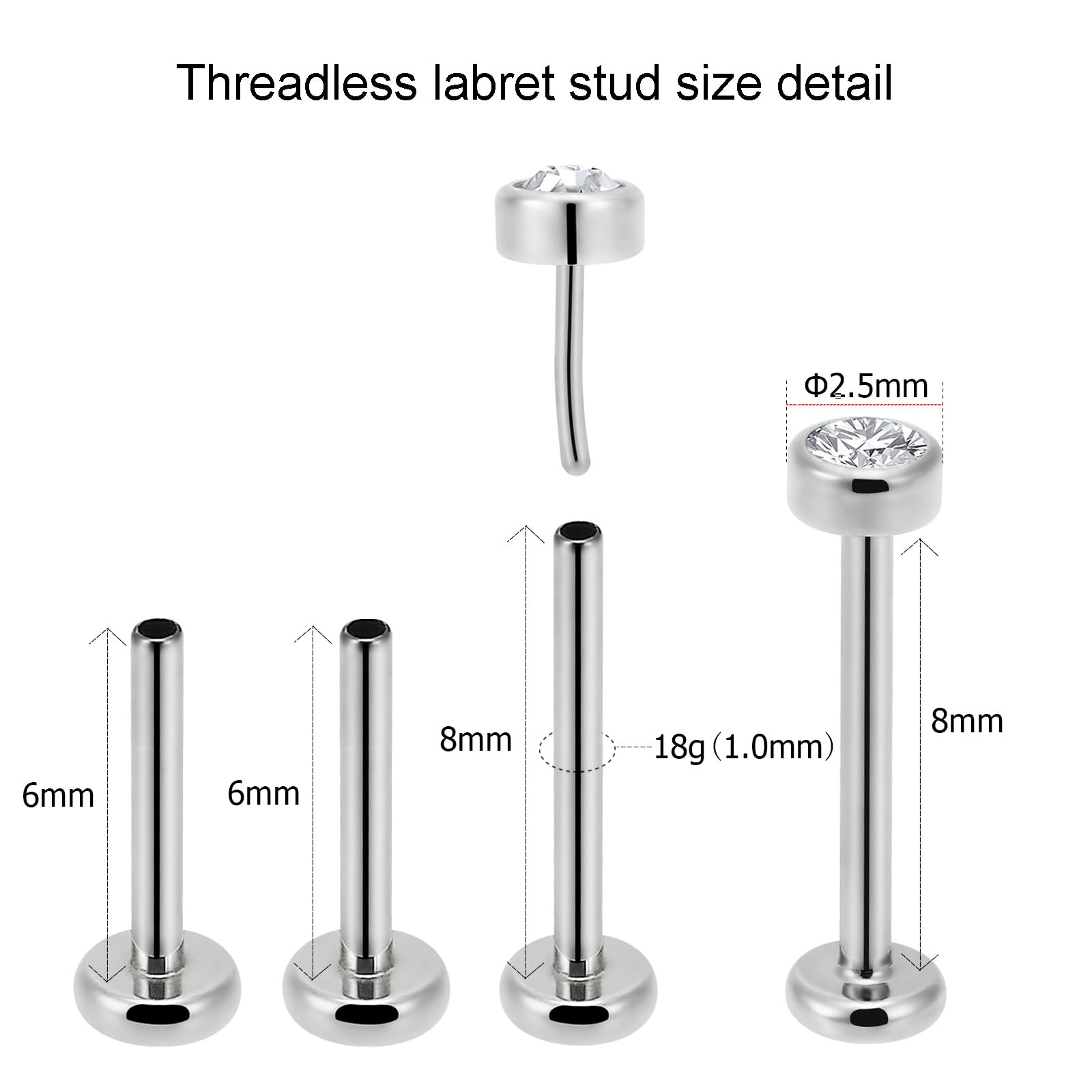 NewkeepsR 2PCS-1.0mm(18g) G23 Titanium Press Fit Threadless Push Pop In 2.5mm Flat Gem Top Flatback Labret Lip Monroe Stud Tragu