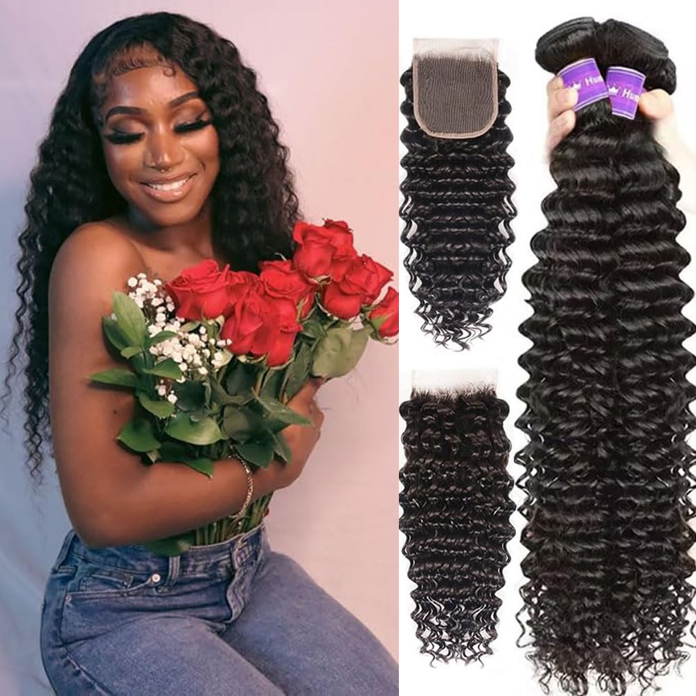Deep Wave Bundles with Closure (20 22 24+18, Free Part)12A Brazilian Human Hair 3 Bundles with 4x4 Lace Closure 100% Unprocessed