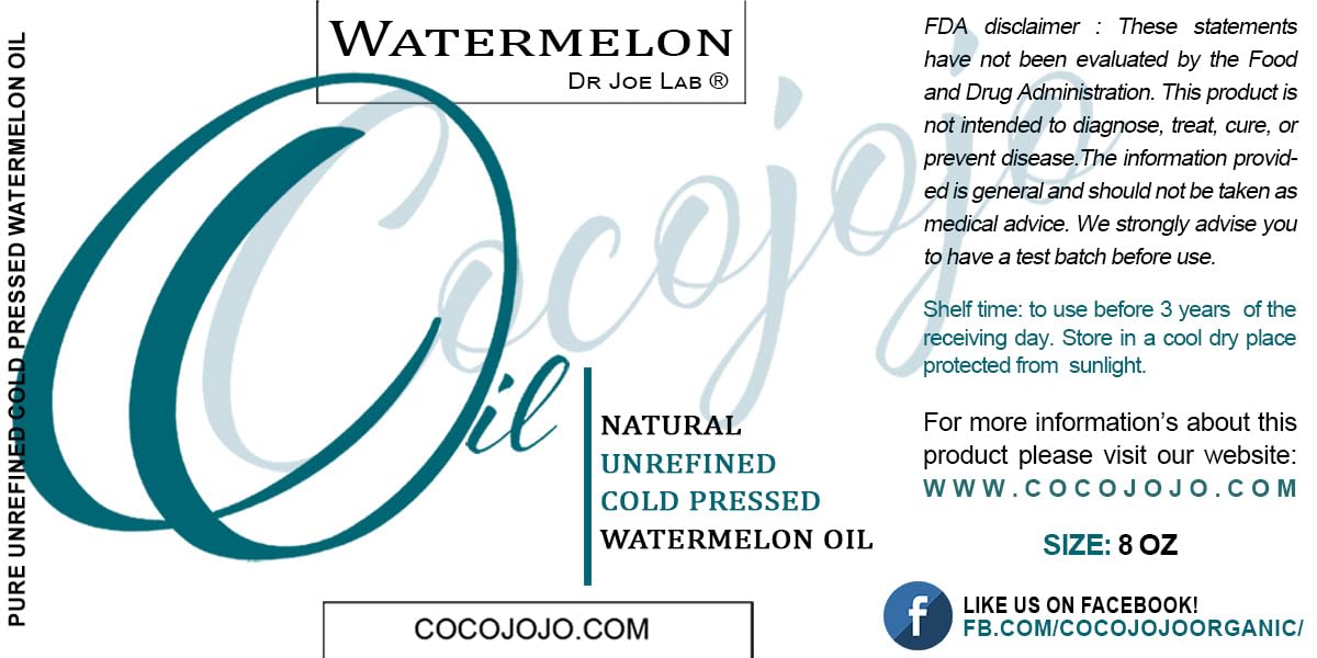 Dr Joe Lab Watermelon Seed Oil - 100% Pure, Unrefined, Cold Pressed, Virgin, Carrier Oil - 8 Oz - For Hair, Skin, Nails, Body, F
