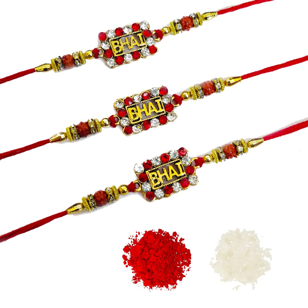 Avanti Creations Multicolor Diamond Studded Brother Special Rakhi For Rakshabandhan Set Of 3 Rakhi With Roli Chawal