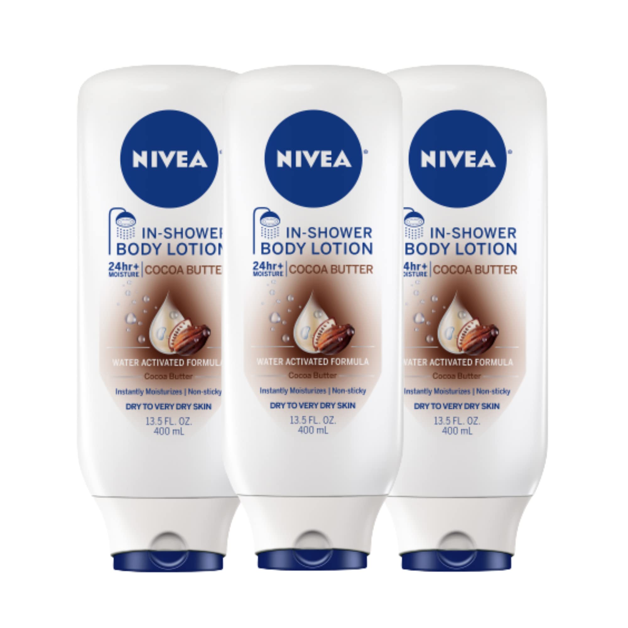 Nivea Cocoa Butter In Shower Lotion, Body Lotion For Dry Skin, 3 Pack Of 13.5 Fl Oz Bottles
