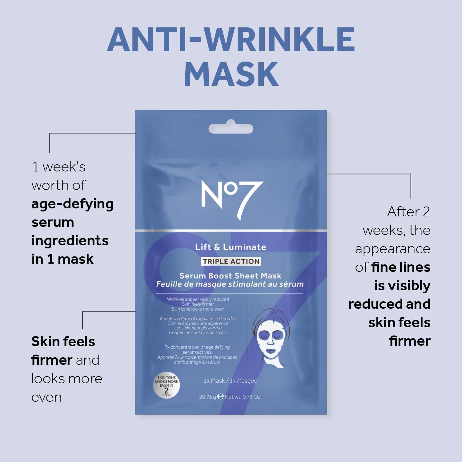 No7 Lift & Luminate Triple Action Serum Boost Sheet Mask - Radiant Skin Firming Anti Aging Face Mask with Hyaluronic Acid & Hibi