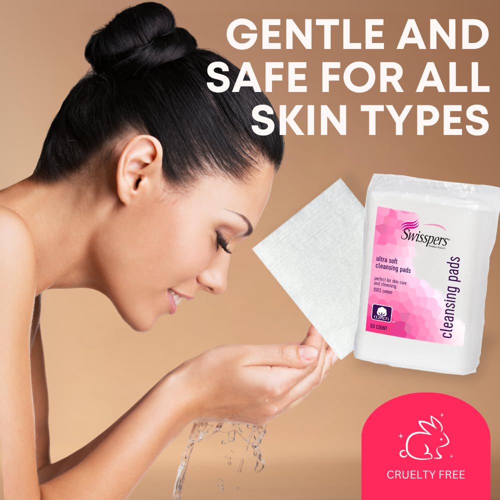 Swisspers Premium Facial Cleansing Pad, 100% Cotton, Ultra Soft, Extra Large, 50 White Pads Per Reclosable Bag, 6 Bags (300 Pads