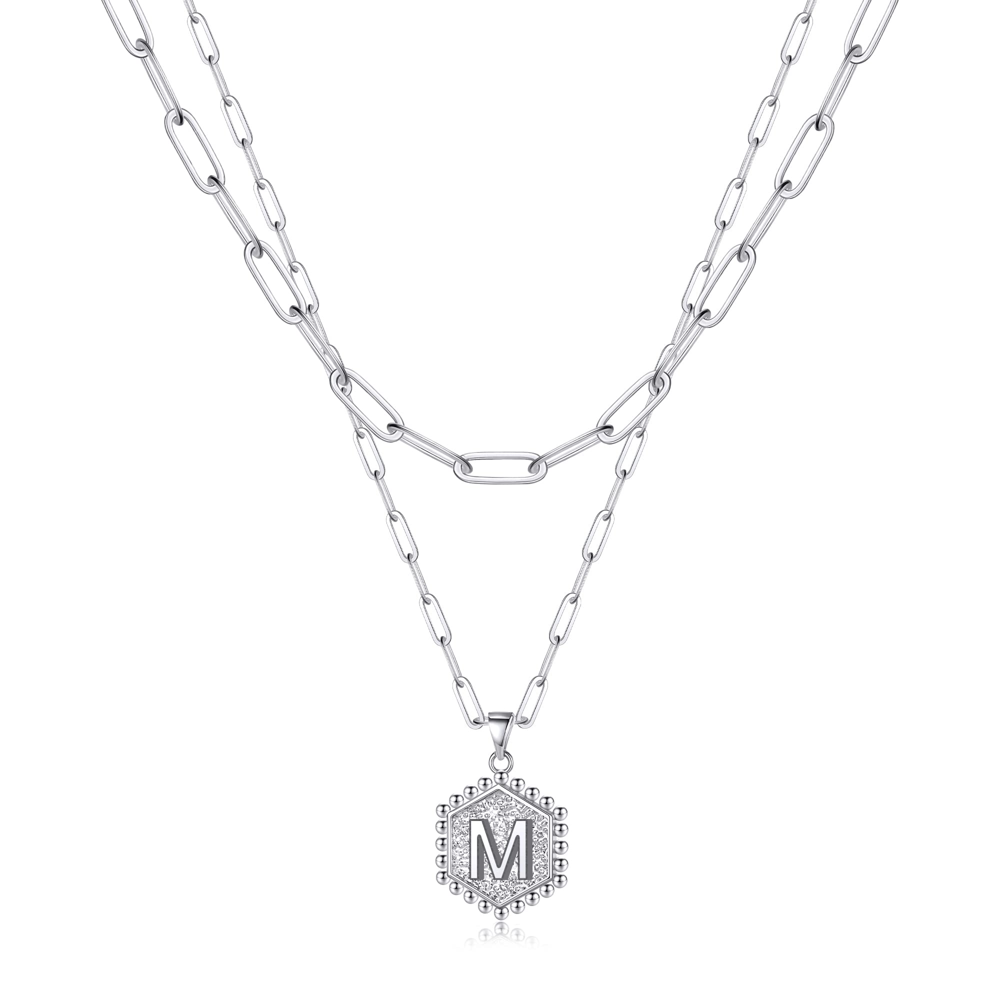 M MOOHAM Silver Necklaces for Women - Necklaces for Women Cute Hexagon Letter Initial M Necklace Choker Necklaces Silver Layered