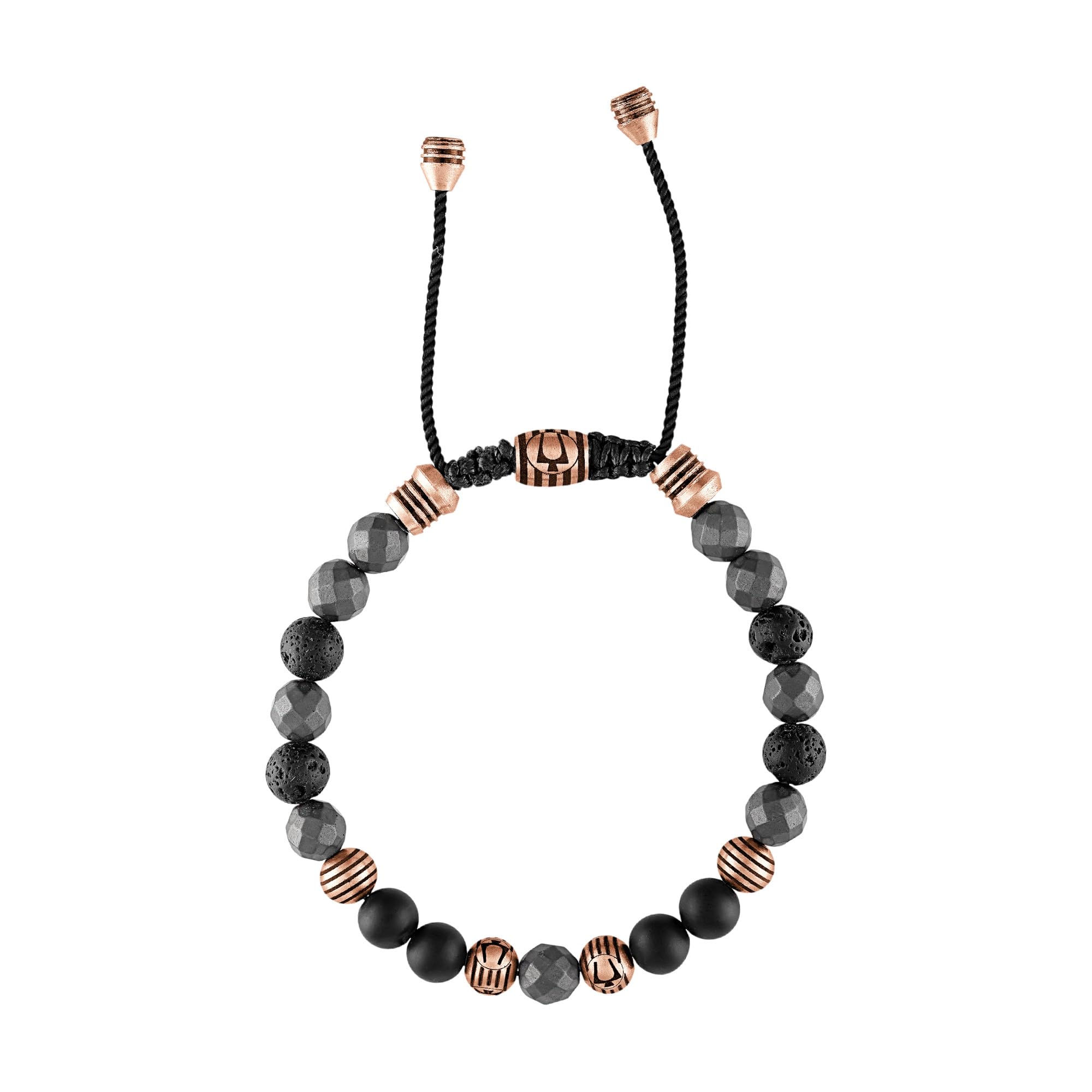 Bulova Jewelry Mens Latin Grammy Semi-Precious Beaded Bolo Bracelet, Black Onyx, Hematite Spheres, Black Lava, Rose Tone Stainl