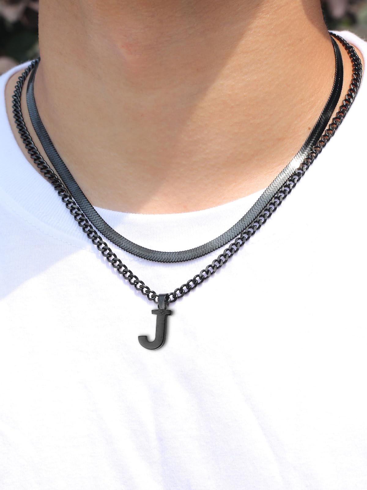 P.BLAKE Layered Initial L Pendant Necklace for Men, Stainless Steel Letter Cuban Link Herringbone Chain Jewelry Collar Cadenas P