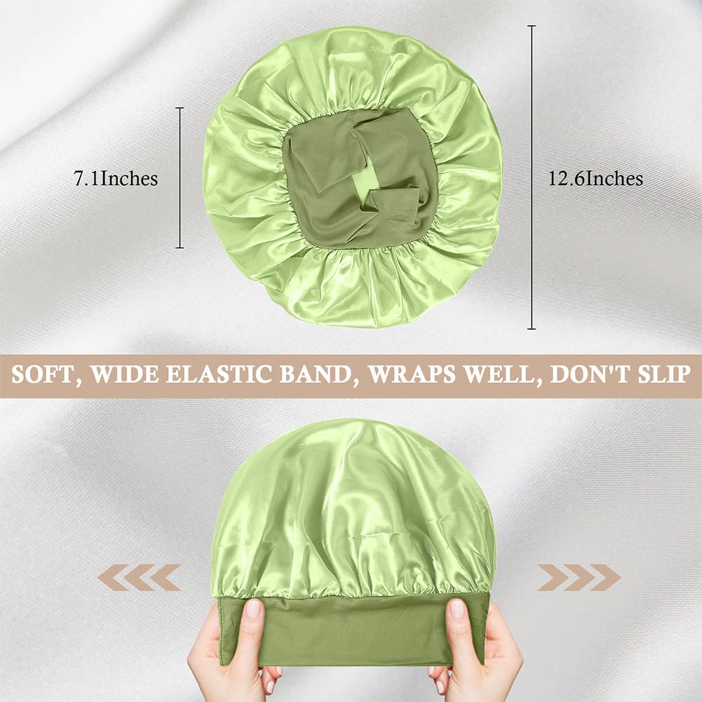 4Pcs Satin Bonnet Silk Bonnet, Hair Bonnet For Sleeping, Elastic Wide Band Silk Sleep Cap, Shower Cap Soft And Breathable (Green