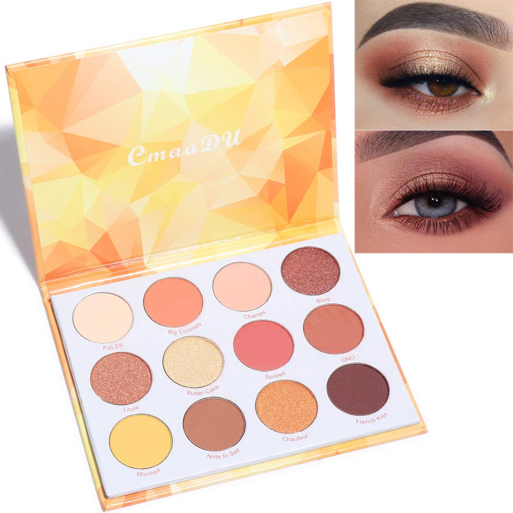Yeweian Glitter Matte Orange Yellow Eyeshadow Palette, 12 Colors Shimmer High Pigmented Eyeshadow Makeup Palette Lasting Waterpr