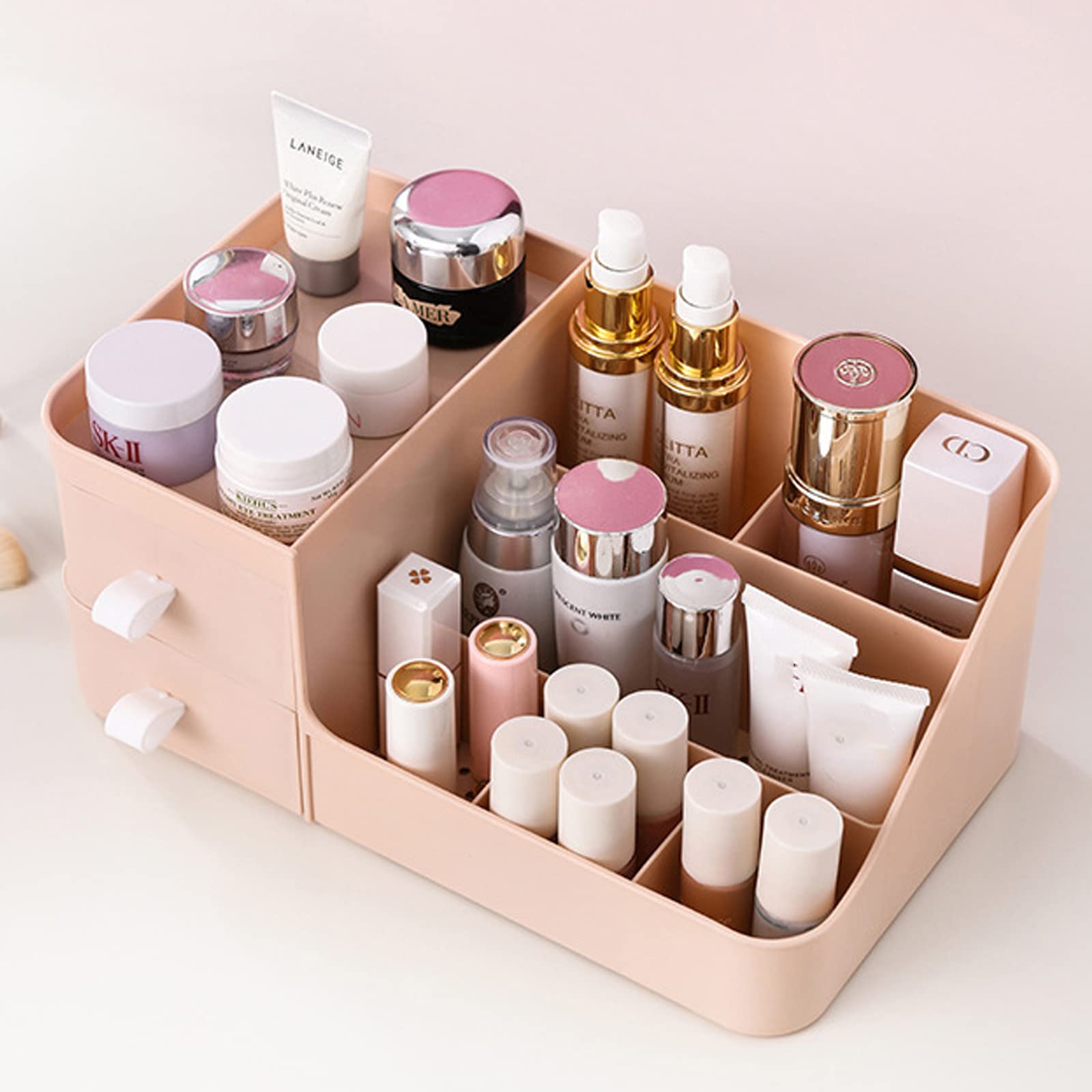 POFUOT Skin Care Organizer - Makeup Vanity Countertop Organizer with Drawers, Brush Holder for Lipstick, Eyeshadow, Desktop (Pol