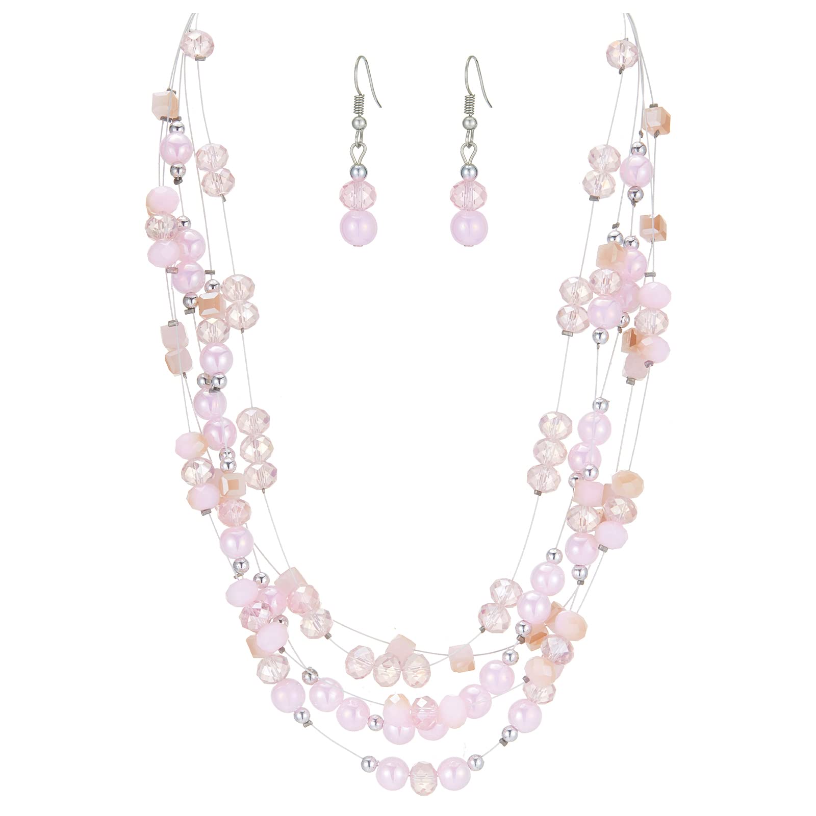 Layered Chunky Statement Necklace for Women Colorful Boho Beaded Necklaces and Earring Set Fashion Costume Jewelry for Women(Pin
