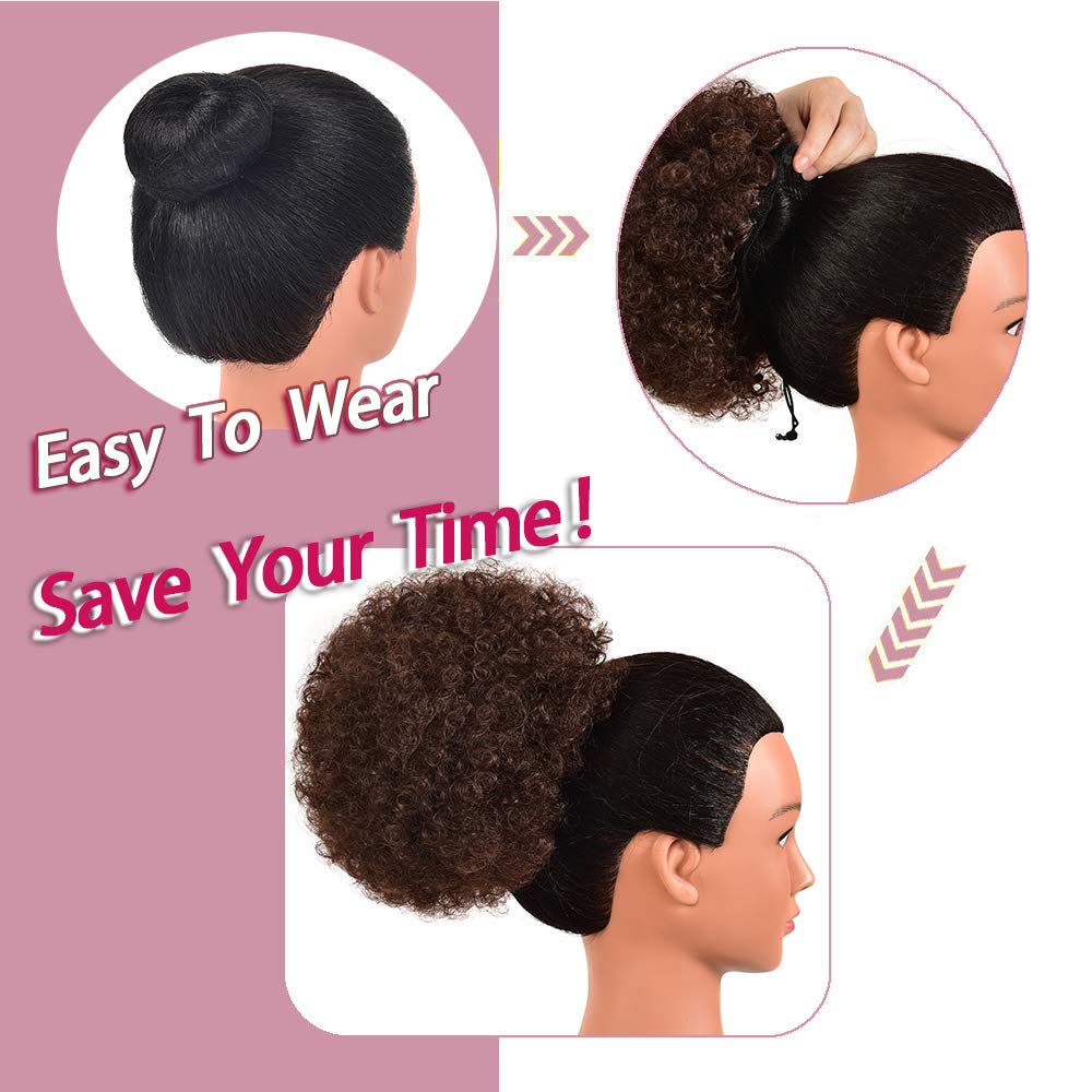Rosmile Afro Puff Drawstring Ponytail Extension For Black Women, Premium Medium Brown #4 80 Gram Short Synthetic Afro Puff Ponyt