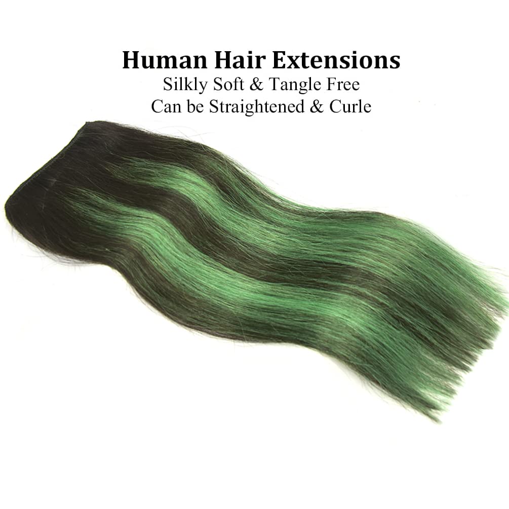 16'' Clip In Hair Extensions Remy Human Hair Teal Balayage For Women - Silky Straight 100% Real Human Hair 55Grams 4Pieces #(1B/
