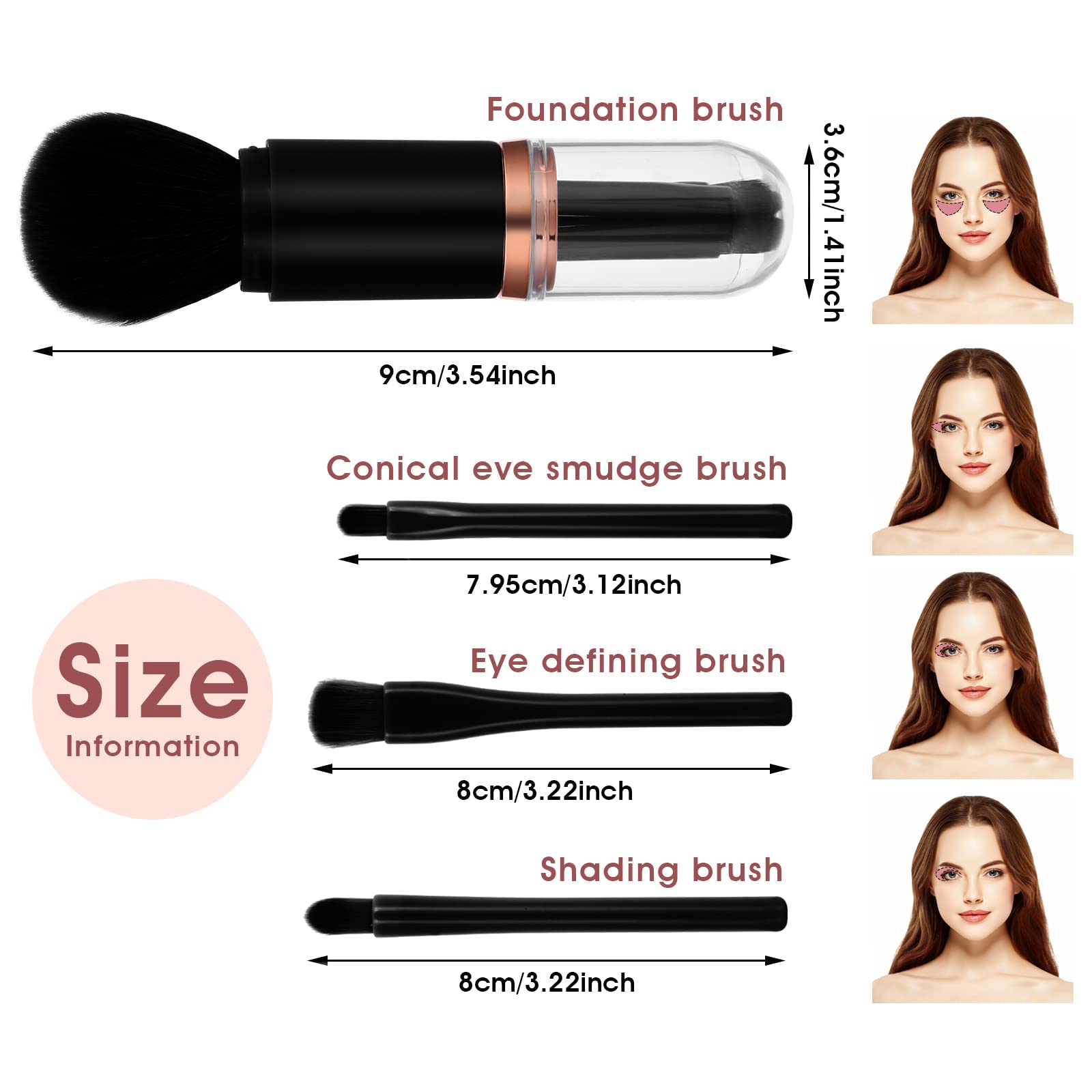 Molain Mini Makeup Brush Set 4 in 1 Portable Travel Lip Brush, Highlight Brush, Eyeshadow Brush, Foundation Blending Powder Brus