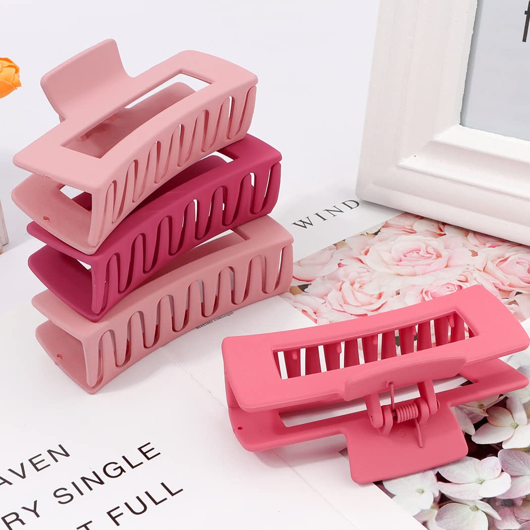 Canitor Pink Hair Clips Set For Women - 4Pcs Matte Rectangular Claw Barrettes, Non-Slip Large Clips For Thick Hair, French Desig
