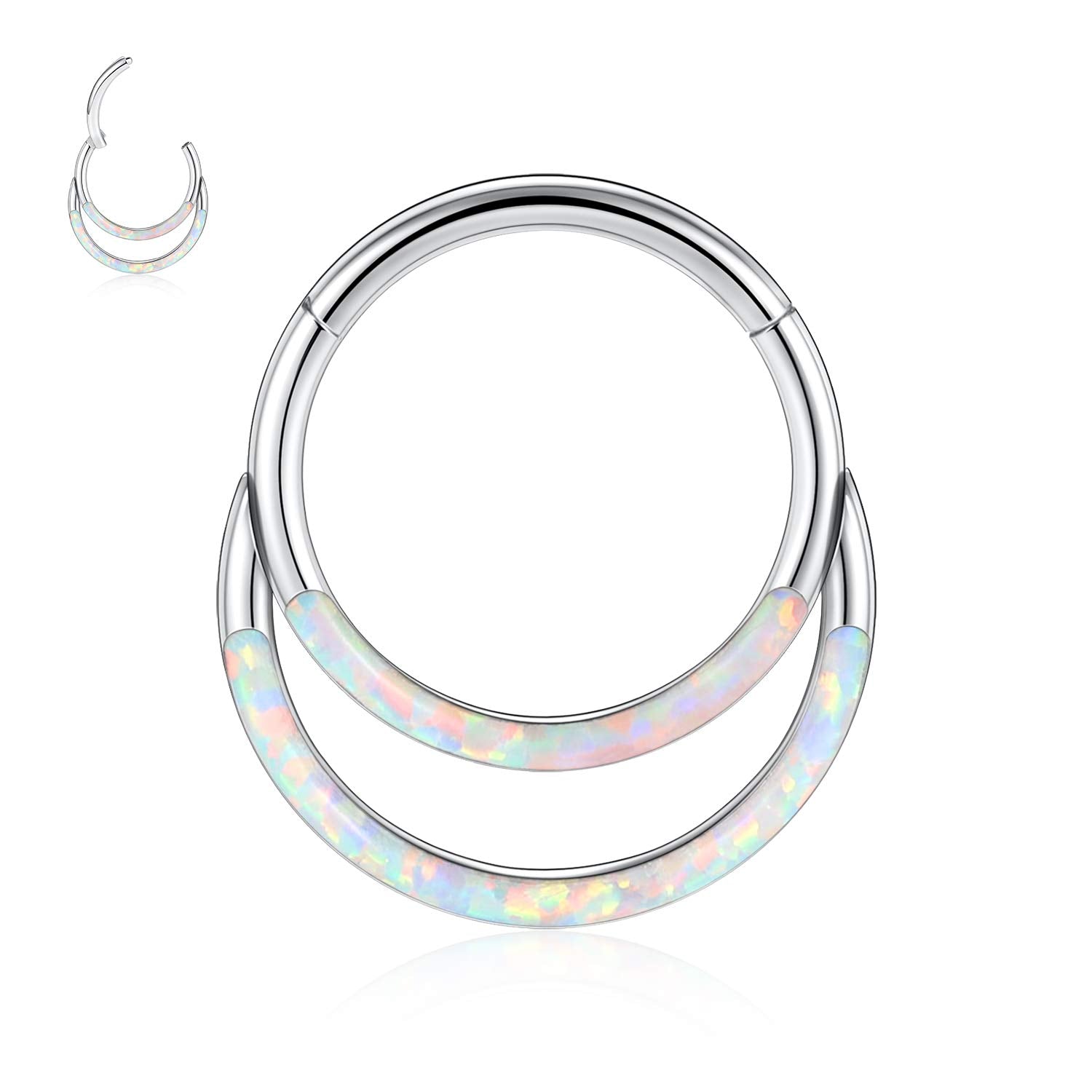 PEAKLINK 316L Surgical Steel Segment Clicker Daith Ring Double Layer Septum Piercing Jewelry 16G White Opal 8mm Helix Cartilage 
