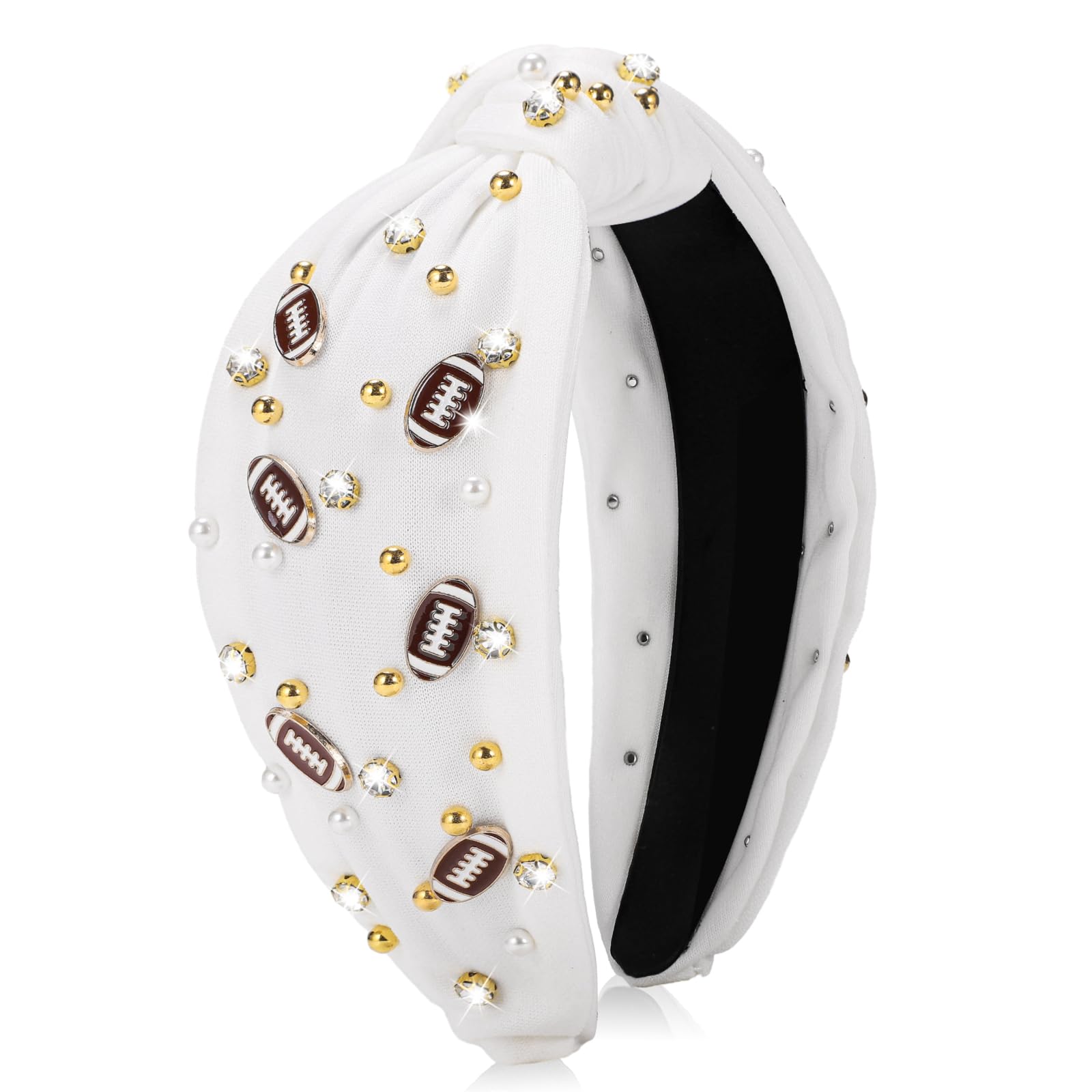 obeoby Football Headband for Women, Knotted Headbands Wide Pearl Rhinestone Hairband White Hair Accessories for Football Mom Fan