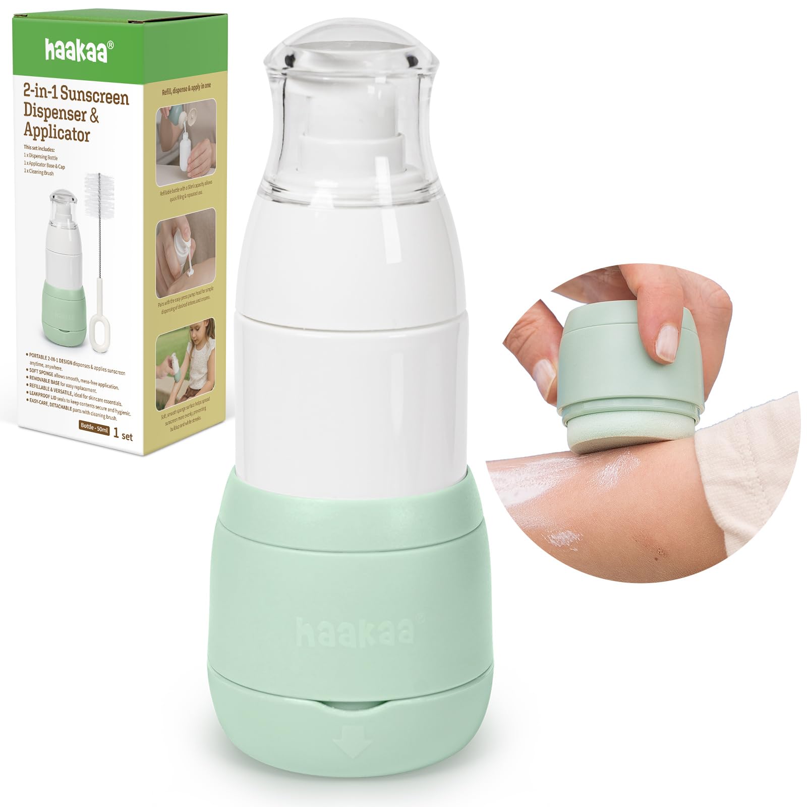 Haakaa Sunscreen Applicator for Kids, Refillable Sunscreen Dispenser with Soft Sponge Head, No-Mess Sunblock Brush for Face & Bo