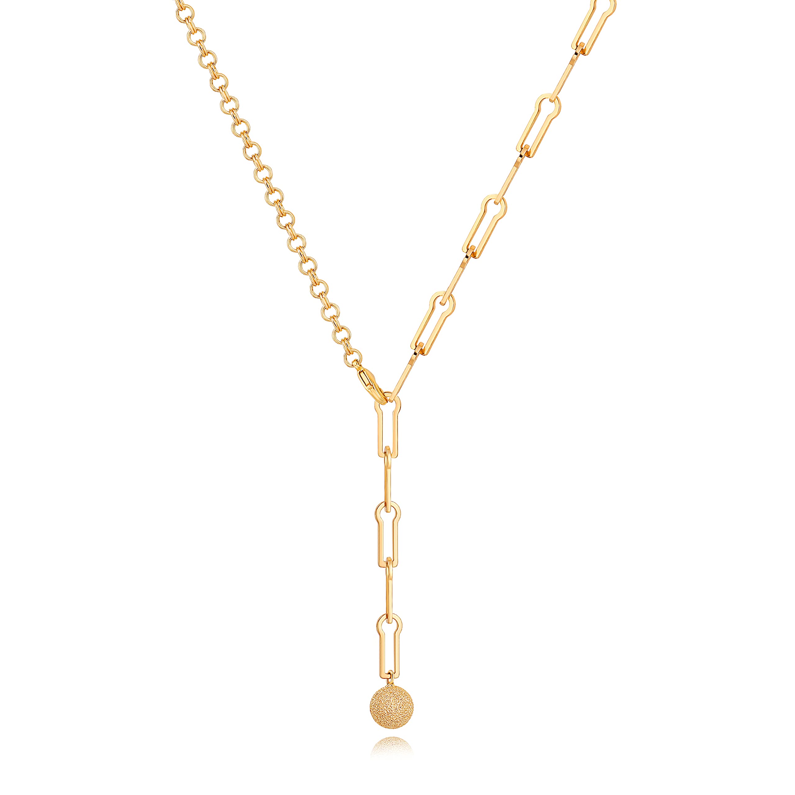 Aobei Pearl 18K Gold Paperclip Chain Link Y-Shaped Necklace Dainty Gold Matta Ball Pendant Necklace for Women Fashion Lariat Jew