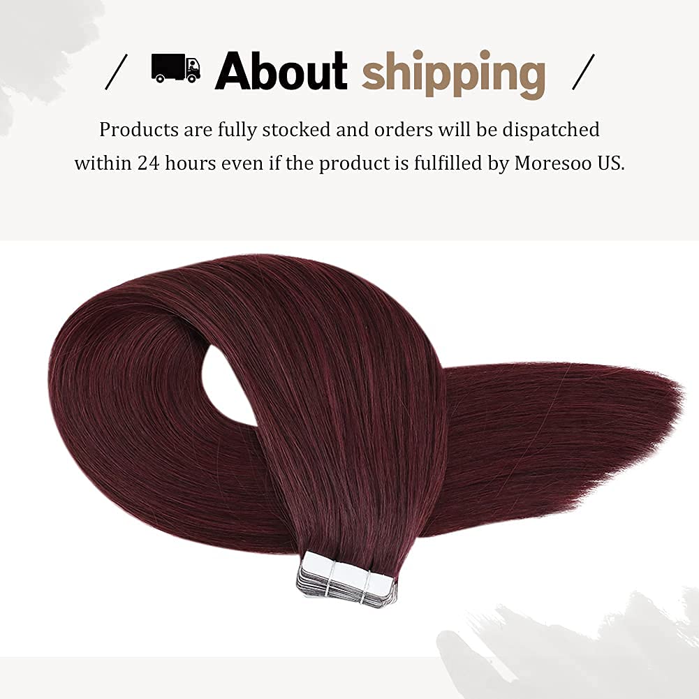 Moresoo 40 Pcs Tape In Hair Extensions Burgundy Hair Extensions For Women 12 Inch Real Human Hair Tape In Extensions 60G Fashion
