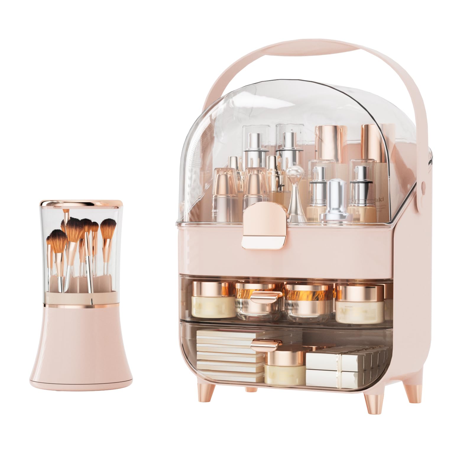 CLBDRESS Makeup Organizer, Skin Care Organizer with Drawers and Lid, Cosmetic Storage Box with Handle, 360 Rotating Display Case