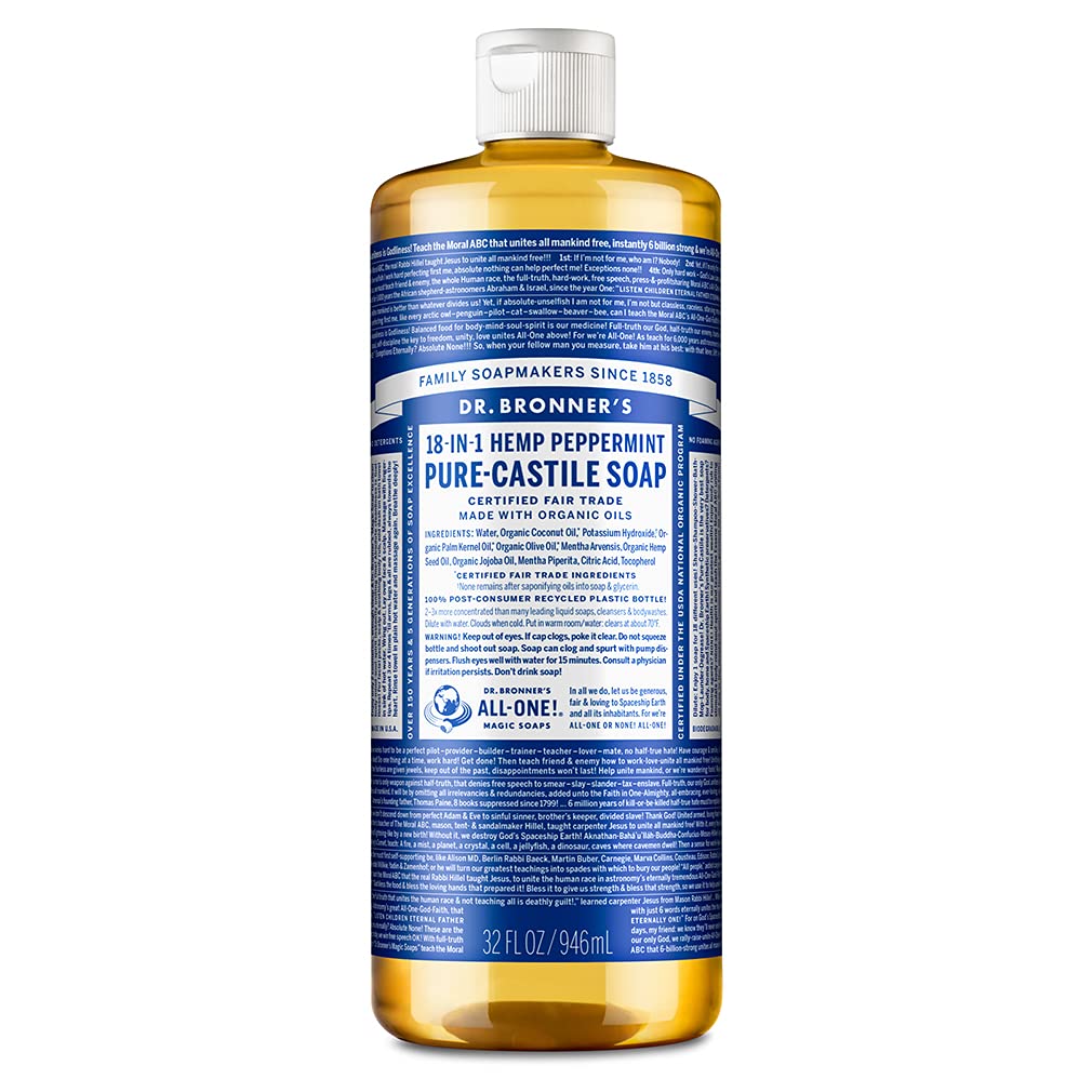 Dr Bronneras - Pure-Castile Liquid Soap (Peppermint, 32 Ounce) - Made With Organic Oils, 18-In-1 Uses: Face, Body, Hair, Laundry