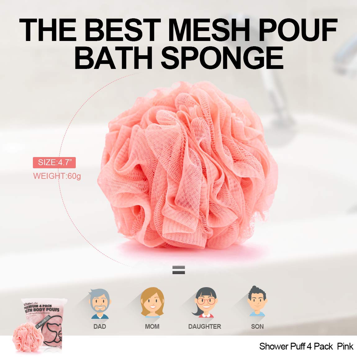 Loofah Sponge Bath Sponge For Women Men 4 Pack (Pink)