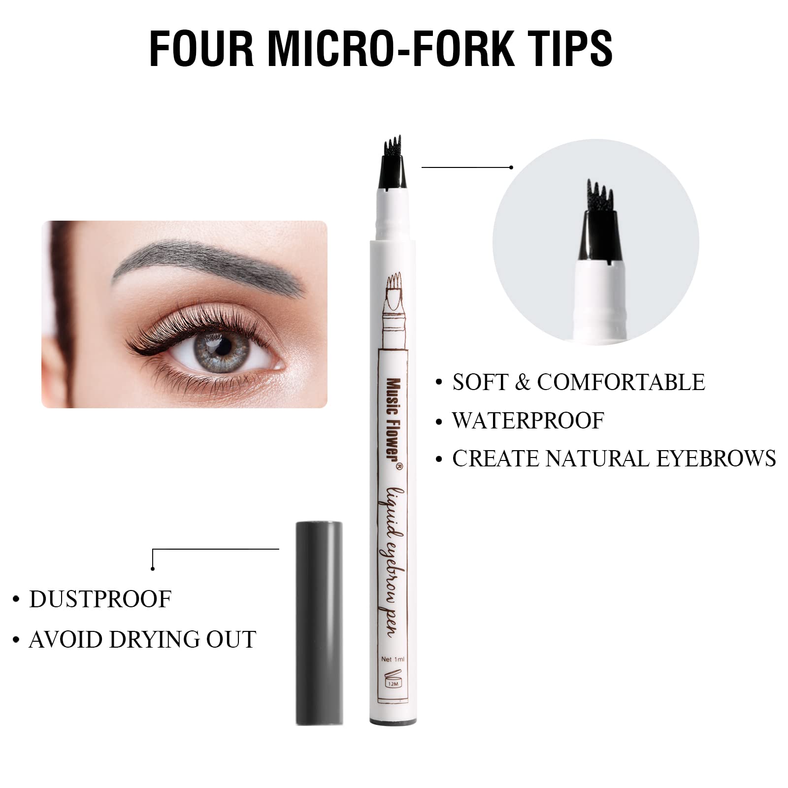 Music Flower 4 Pointed Liquid Eyebrow Pen Fine Sketch Tattoo Eyebrow Pencil Super Durable Waterproof Smudge-Proof (Dark Grey)