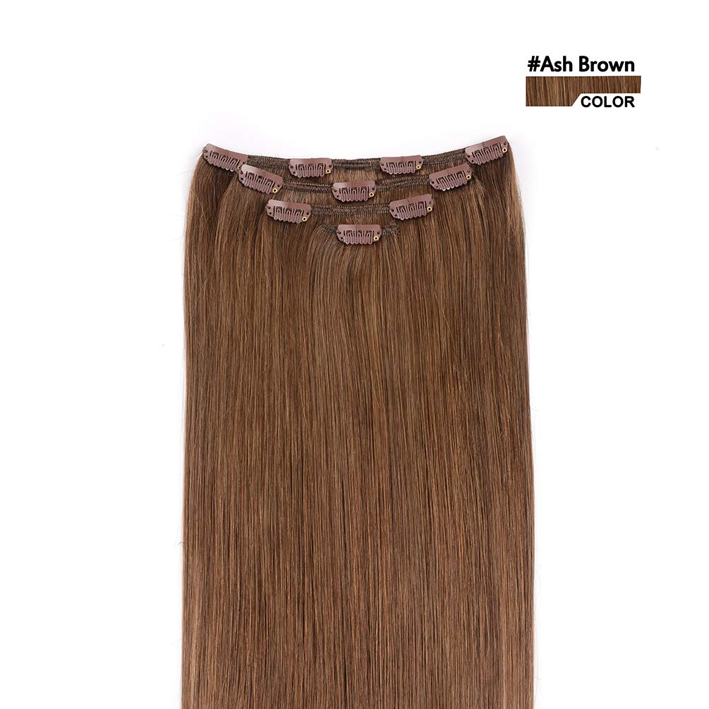 14'' Hair Extensions Clip In Human Hair For Women - Silky Straight Remy Hairpieces Clip On 50Grams 4Pieces Ash Brown Color