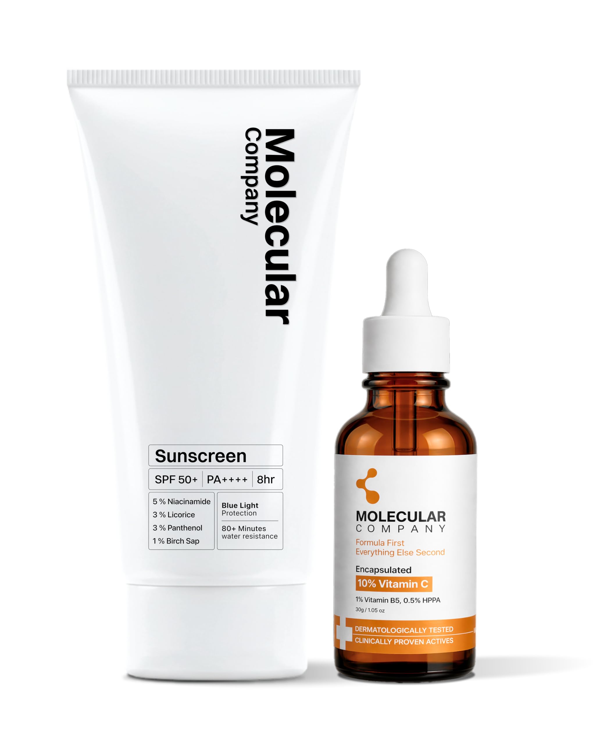 Molecular Company Glow & Protect Duo | Sunscreen Spf 50+ Pa++++ 50G + Encapsulated 10% Vitamin C Face Serum 30Ml | Brightening, 