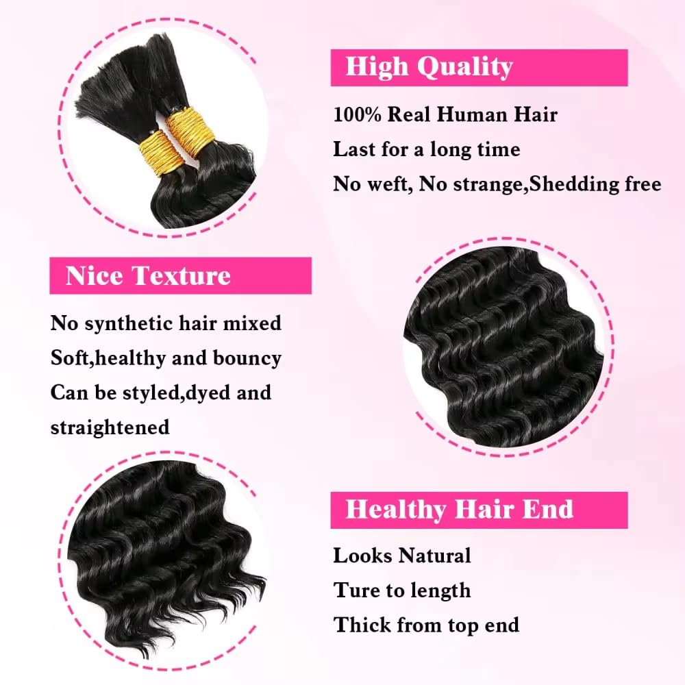 9A Deep Wave Bulk Human Hair for Braiding Hair No Weft 1 Bundle 50g 26 Inch Unprocessed Virgin Human Hair Curly Hair Extensions