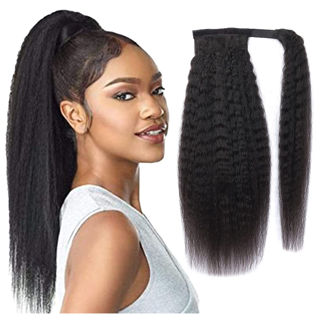 Kinky Straight Ponytail Human Hair With Wrap Around Magic Tape, Brazilian Hair Clip In Extensions Wavy Yaki Pony Natrual Black (