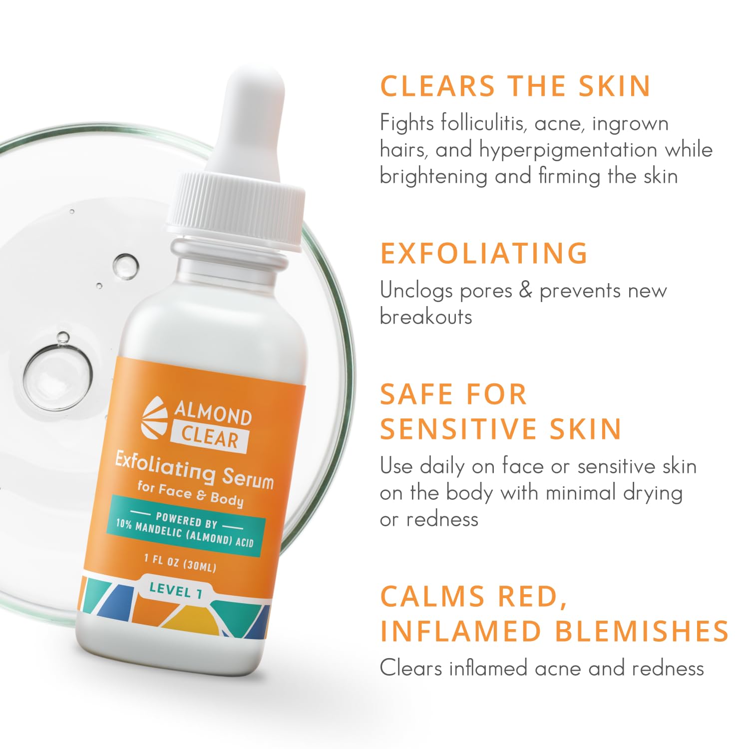 Face & Body Clearing Serum, Level 1- for acne, folliculitis, aging skin, ingrown hairs, dark spots - face, chest, butt, back, th