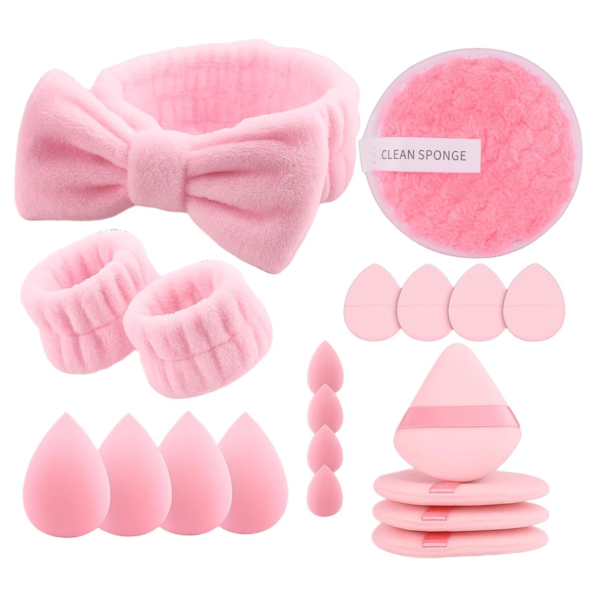 Maycreate 20Pcs Pink Makeup Sponge & Beauty Tools Set, Soft Blending Sponges, Powder Puffs, Makeup Remover Pads, Headband & Wris