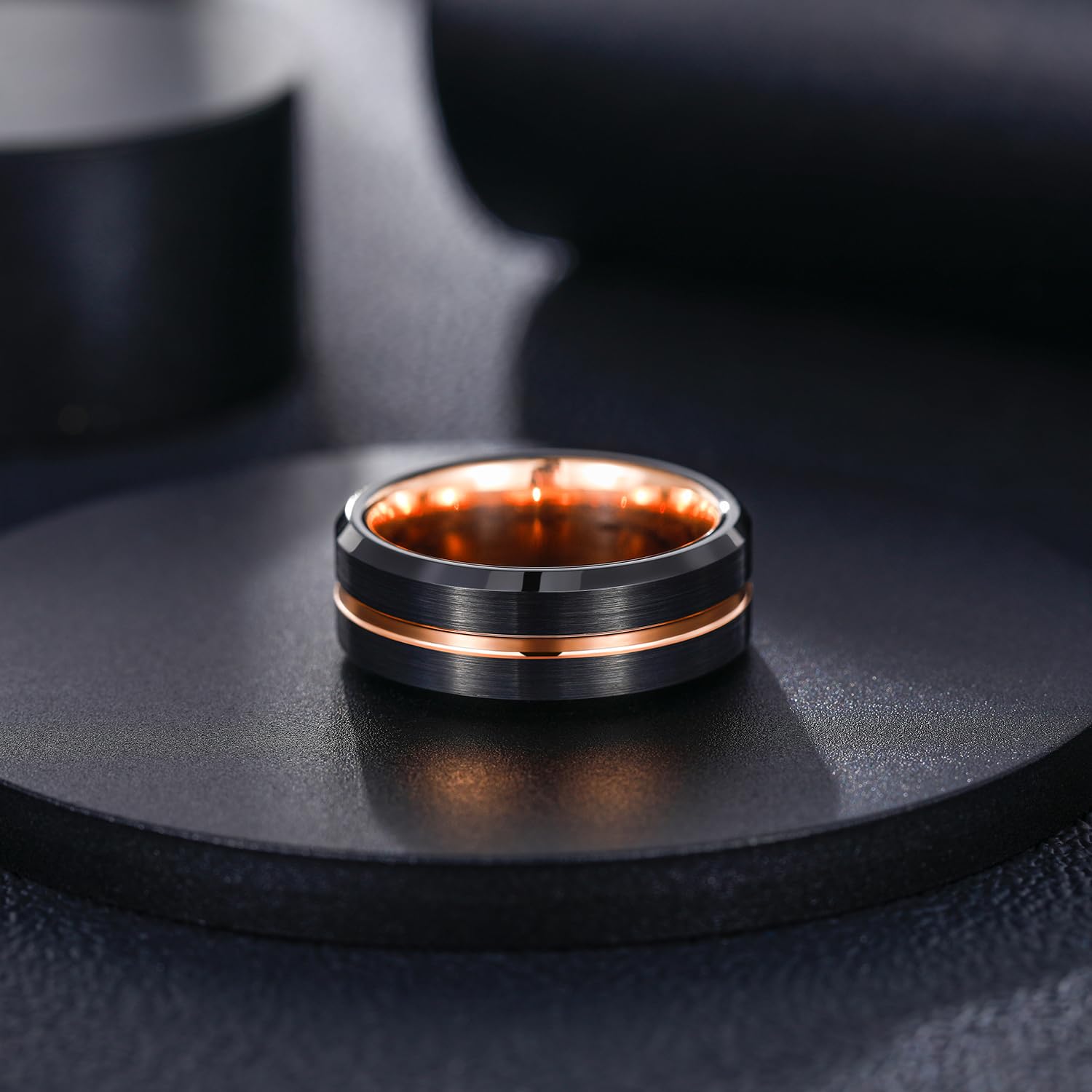 Greenpod 8mm Tungsten Carbide Ring for Men Black Matte Finish Rose Gold Thin Groove Comfort Fit Size 12.5