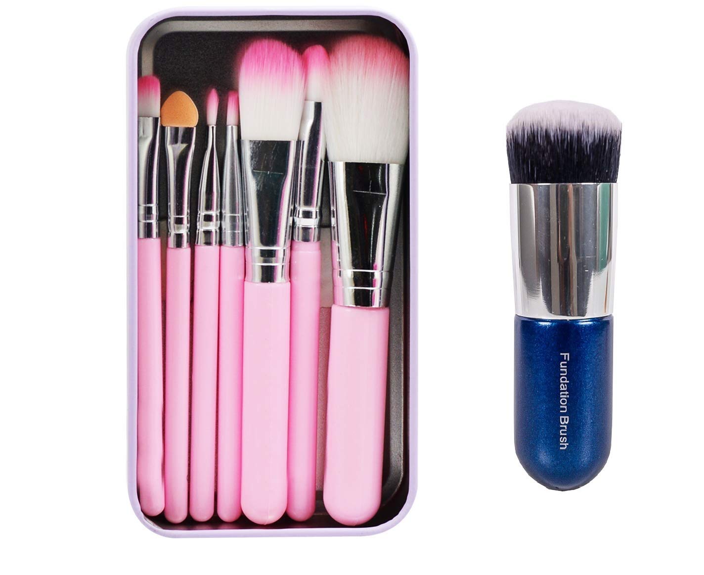Khelni Professional Makeup Brush Set Of 7(Pink) With Foundation Concealer Compact Brush(Blue)