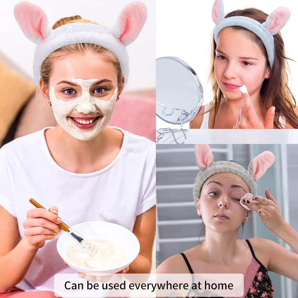 AHONEY Bunny Ears Headband, 4Pcs Skin Care Headbadns Fuzzy Headband for Washing Face Kawaii Makeup Cute Headbands Coral Fleece E