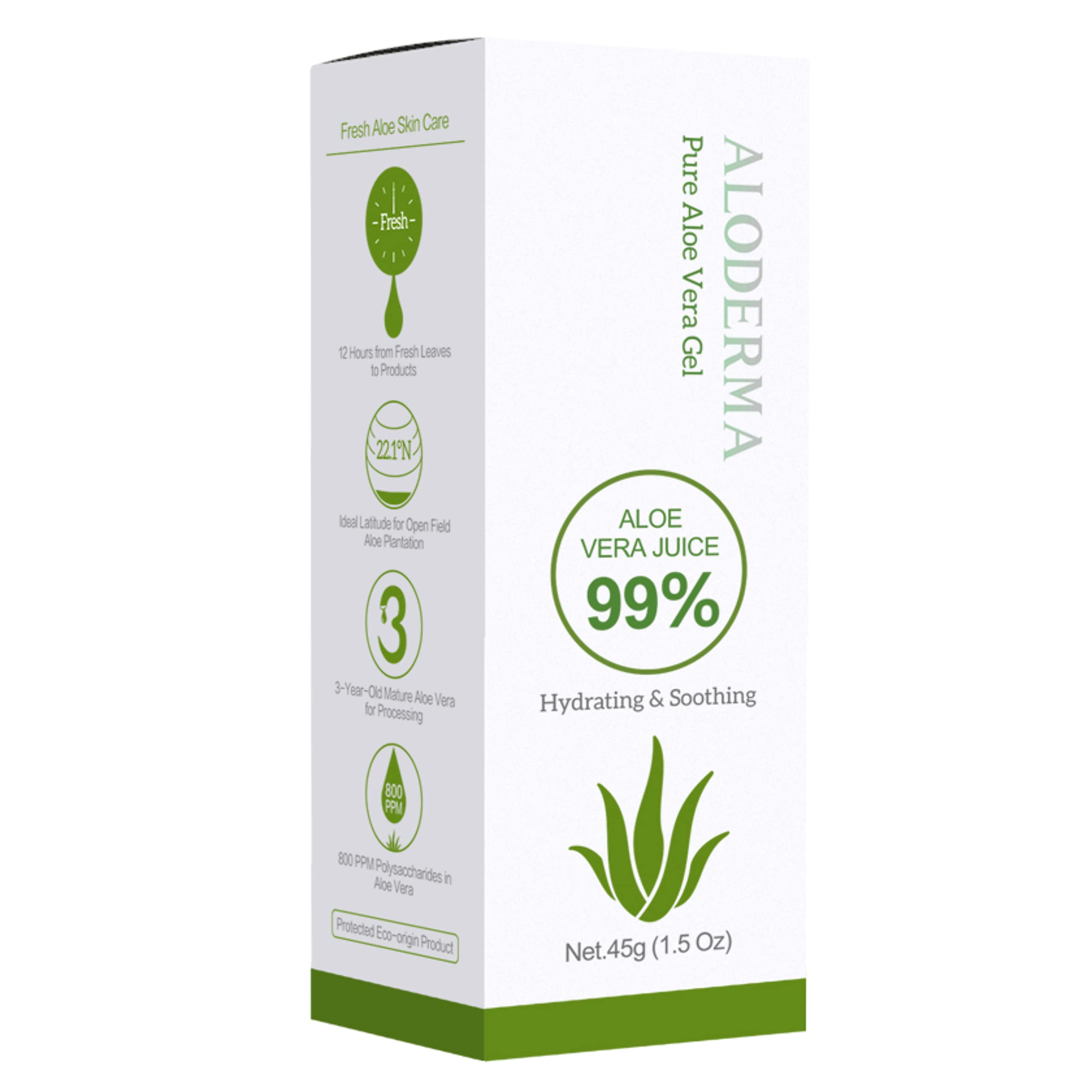 Aloderma 99% Organic Aloe Vera Gel, Bottled Within 12 Hours Of Harvest (45G, 1.5 Oz), 3 Pack, No Sticky Residue - No Powder Conc