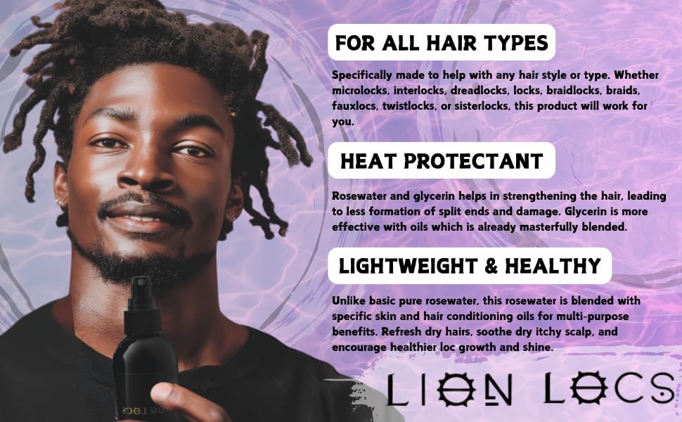 Lion Locs Rosewater Spray For Dreads, Dreadlocks, Braids, Faux Locs, Crochet Locs, Sisterlocks With Aloe, Essential Oils, Vitami