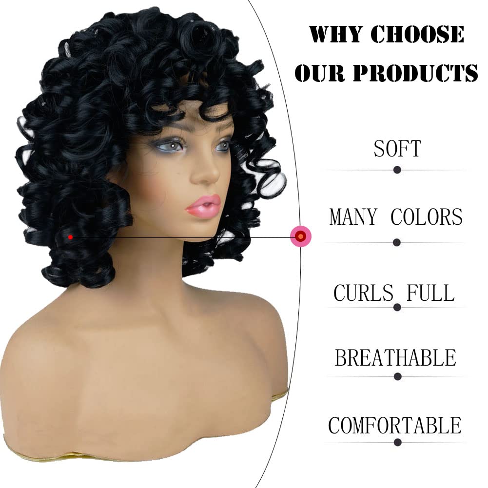 Andromeda Curly Wigs For Black Women Soft Black Short Curly Wig With Bangs Afro Loose Curls Heat Resistant Synthetic Wig For Afr