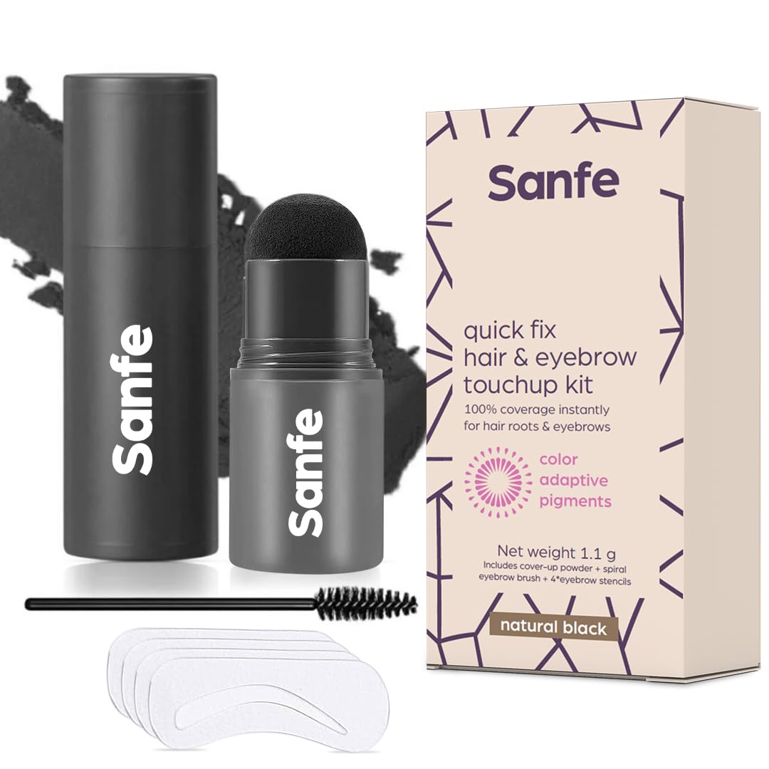 Sanfe Quick Fix Hair & Eyerbrow Touch Up Kit Black | Helps Cover Grey Roots, Bald Spots Instantly, Highly Pigmented, Fuller And 
