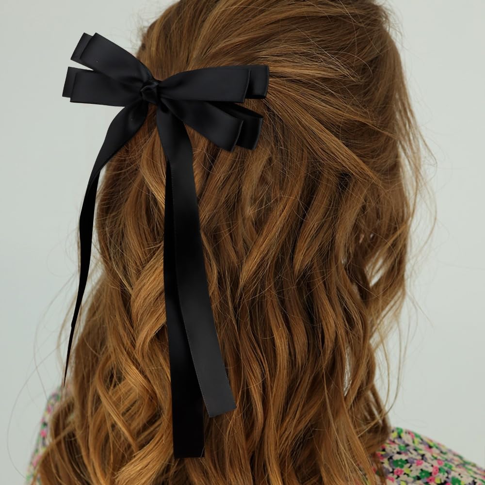 Atoden Black Hair Accessories: 4 Pcs Silky Satin Oversized Bowknot Ribbons With Long Tails And Alligator Metal Clips - Cute Gift