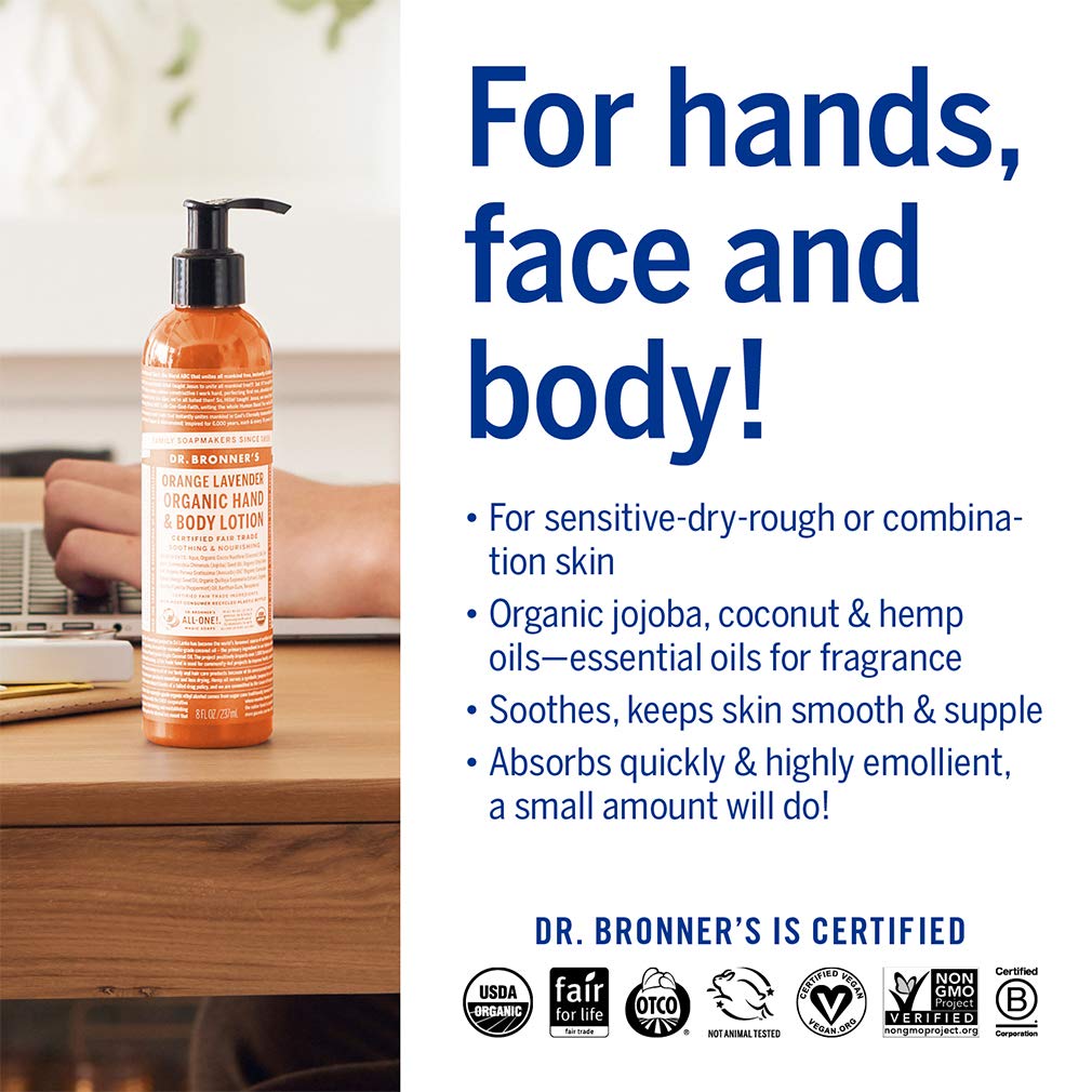 Dr. Bronner's - Organic Lotion (Orange Lavender, 8 Ounce) - Body Lotion & Moisturizer, Certified Organic, Soothing for Hands, Fa