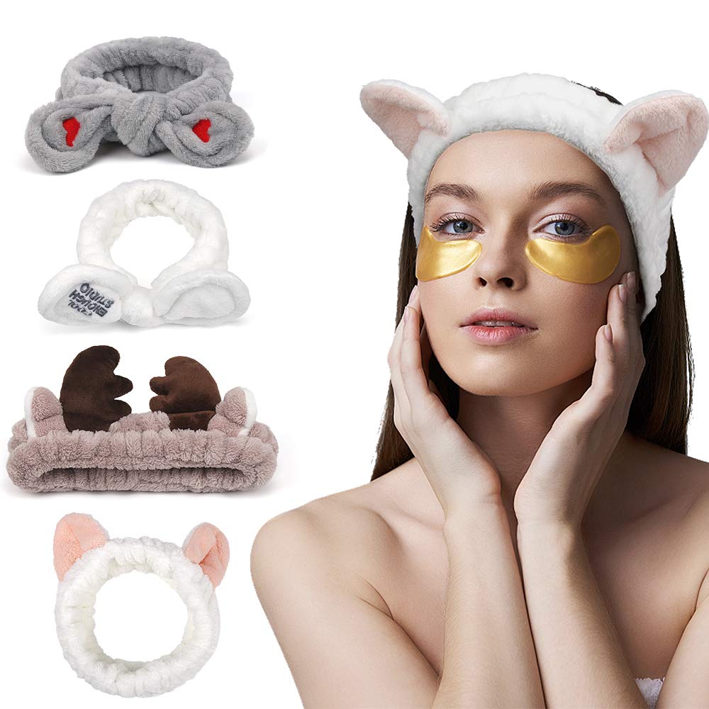 Ahoney Makeup Spa Headband Face Wash Headband For Women Girls Cute Headbands Animal Ears Shower 4Pcs Coral Fleece Hair Band Wome