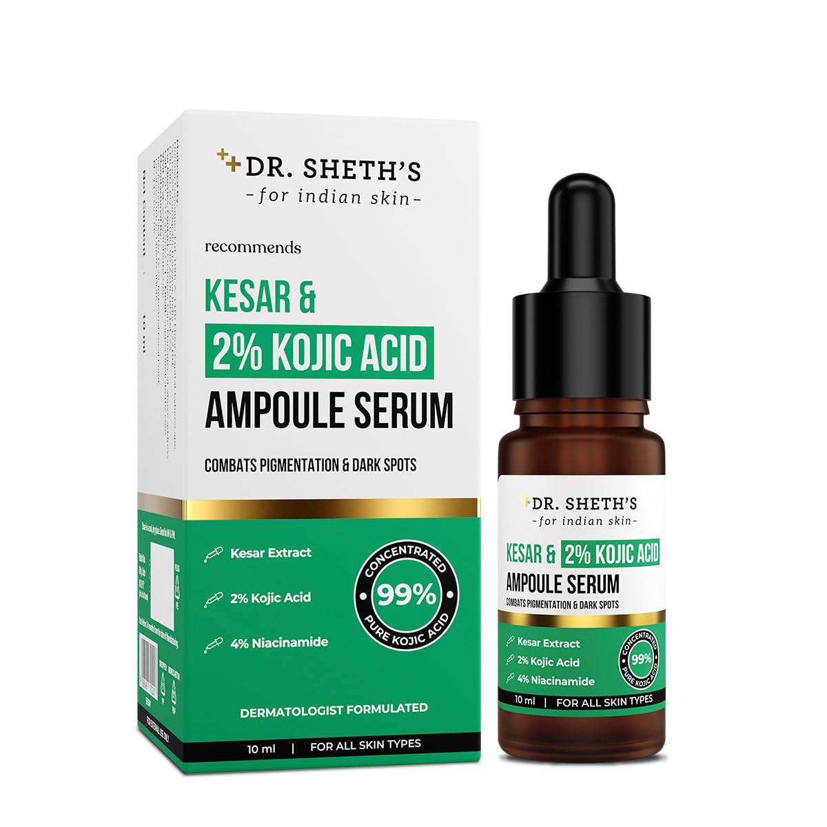 Dr. ShethS Kesar & 2% Kojic Acid Ampoule Serum | Helps Prevent Pigmentation & Dark Spots | Promotes Glowing Skin | Non-Sticky &