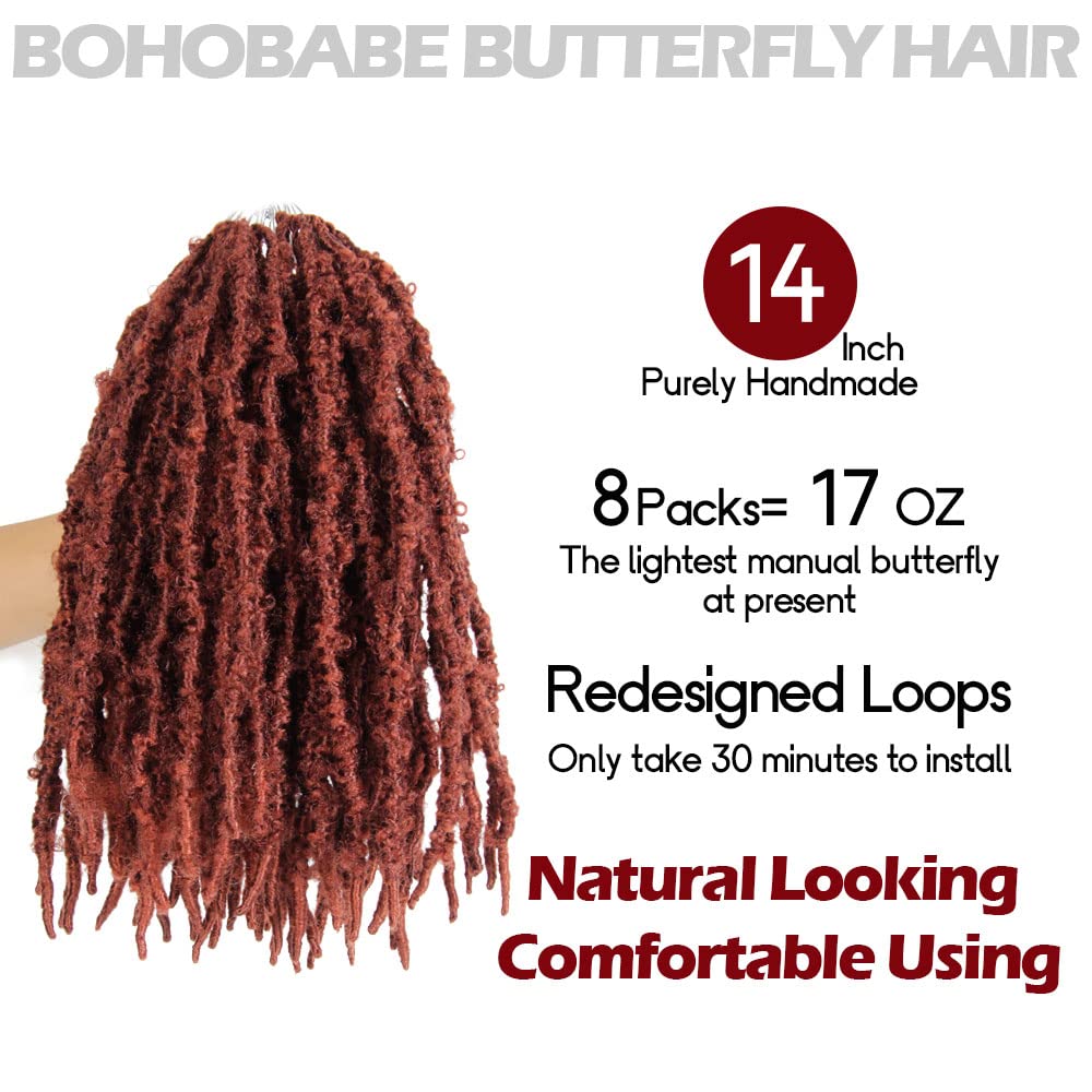 8 Packs Butterfly Locs Crochet Hair 14 Inch Light Weight Butterfly Faux Locs Crochet Hair Short Ginger Red Distressed Butterfly