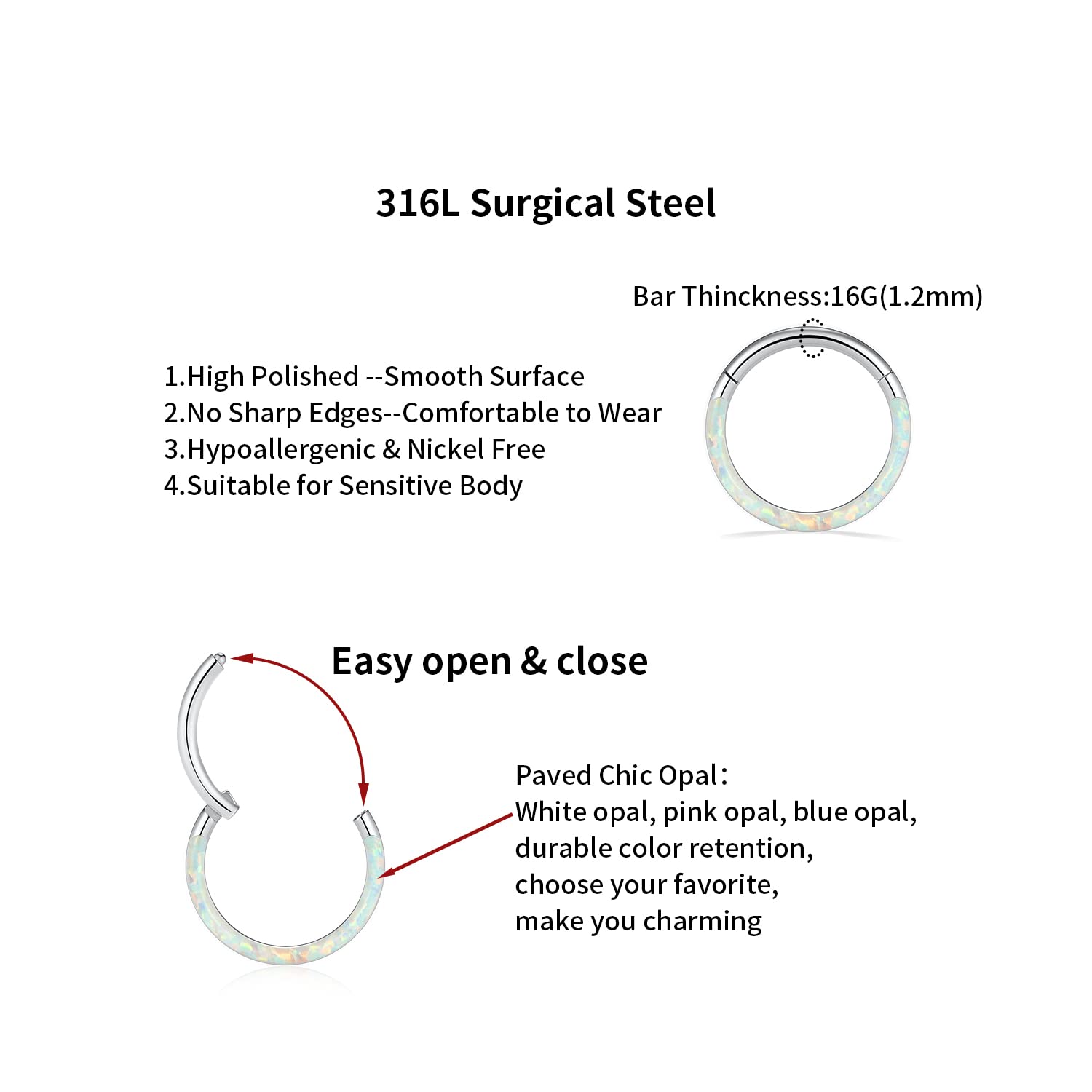 316L Gold Septum Jewelry 16G White Opal Septum Rings Daith Jewelry Conch Piercing Jewelry Seamless Higend Segment Nose Hoops Sep