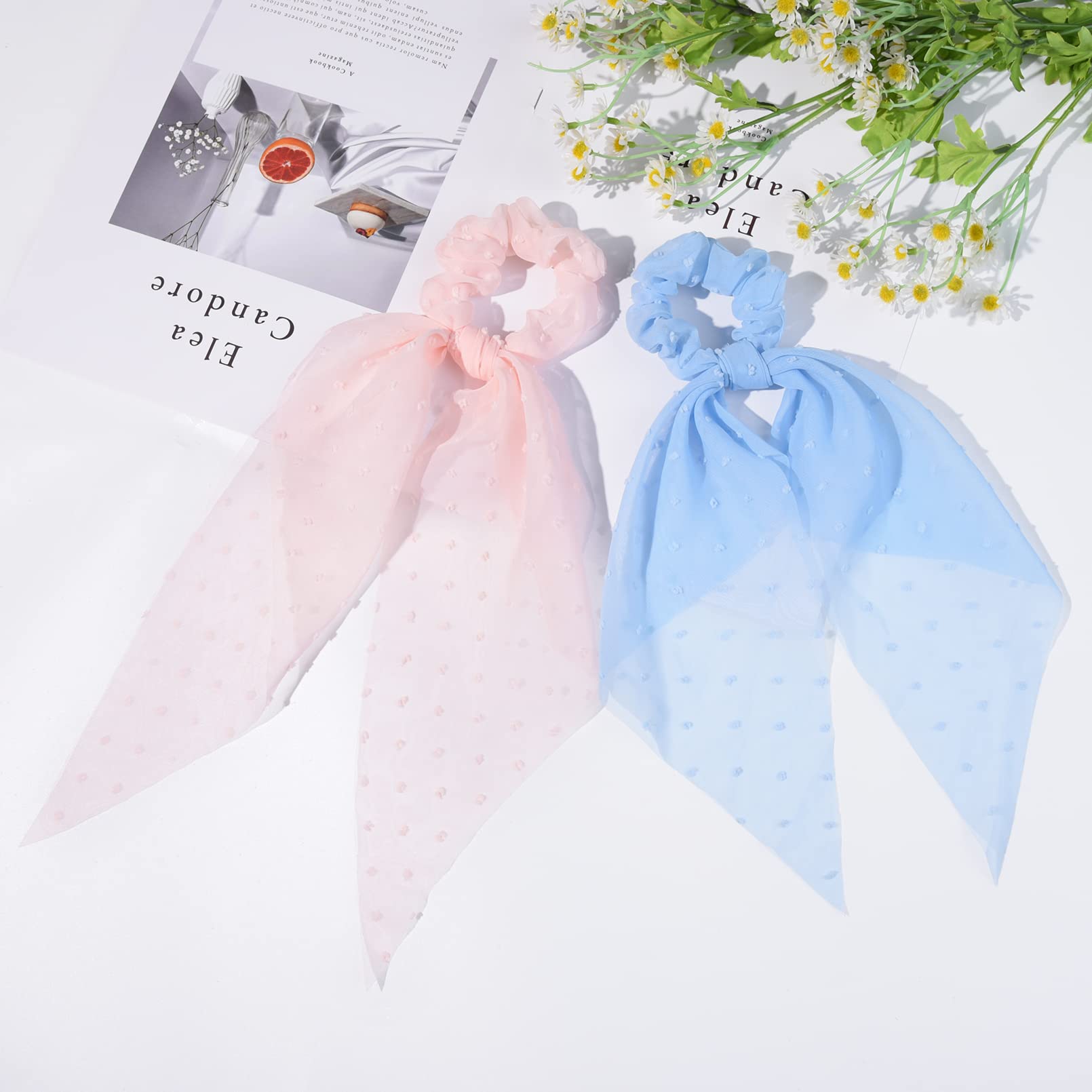2 Pcs Hair Scrunchies Scarf Pink Blue Hair Ribbon Satin Bow Silk Elastic Hair Tie Bands Large Ponytail Holder Accessories For Wo