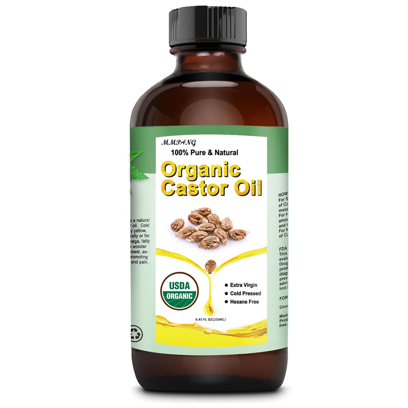 MMPANG USDA Certified Organic Castor Oil (8.45 oz/250ml) 100% Pure Natural, Cold-Pressed, Hexane Free, Unrefined Extra Virgin Ca