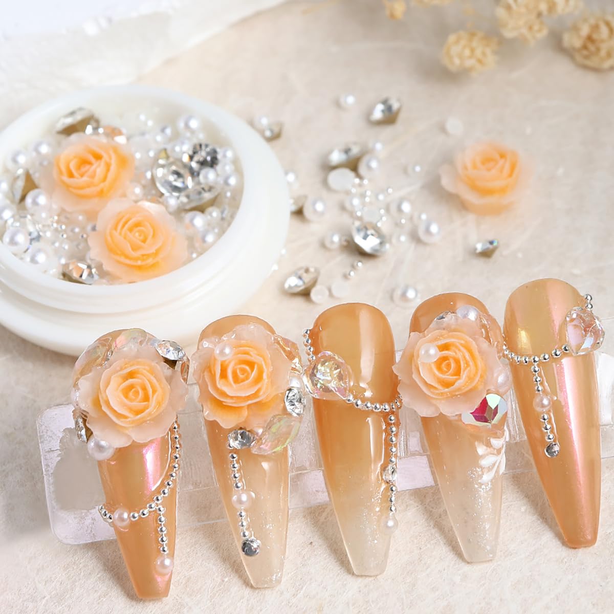 3D Rose Rhinestones Nail Ornaments Pearl Luxury Jewelry Nail Art Charms Kits Romantic Metal Flowers Nails Decorations Shiny Diam